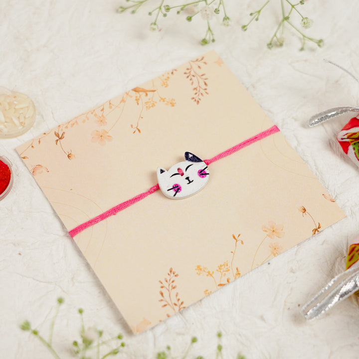 Handmade White Cat Kids Rakhi With Roli Chawal - Single Rakhi on Display Card