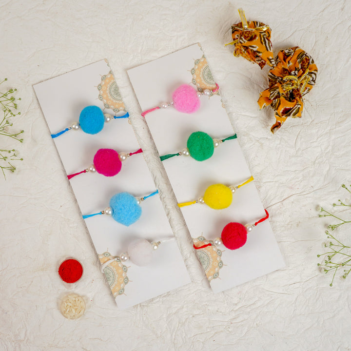 Handmade Large Pompom Rakhi With Roli Chawal Set Of 12 - Multiple Bracelets on Cards