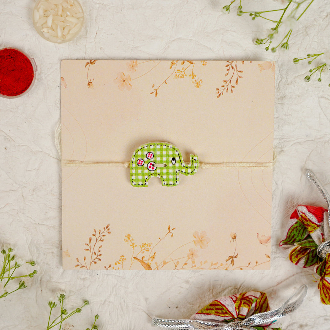 Handmade Elephant Kids Rakhi With Roli Chawal - Front View