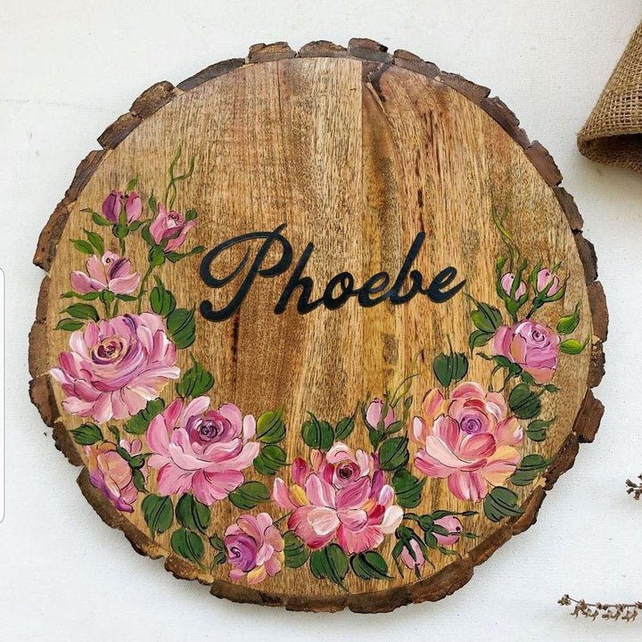 Personalised Handpainted Floral Theme Wood Nameplate