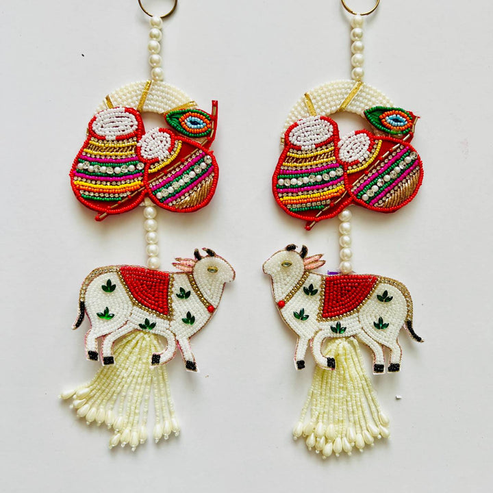 Handmade Beaded Cow & Krishna'S Matka Hanging