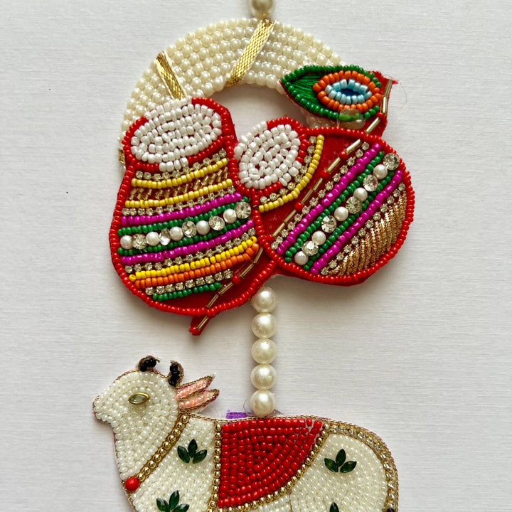 Handmade Beaded Cow & Krishna'S Matka Hanging