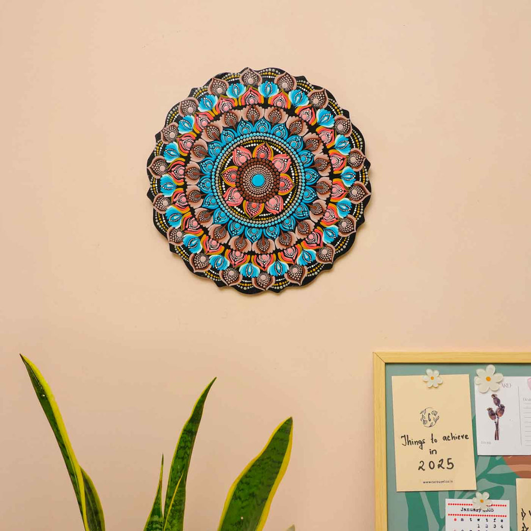 Hand-Painted Peach & Blue Dot Art Mandala Mdf Wood Wall Plate | 12 Inch