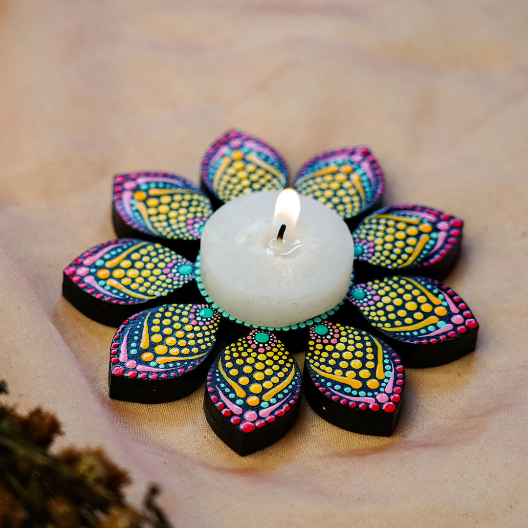 Flower Design Dot Art Festive Tealight Holder | Set of 2