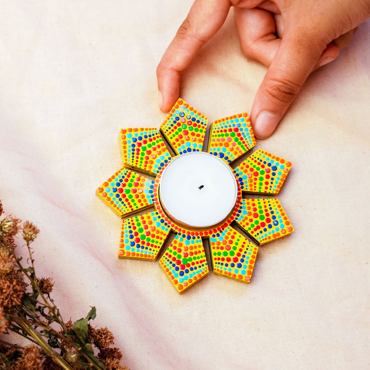 Geometric Flower Design Dot Art Festive Tealight Holder | Set of 2