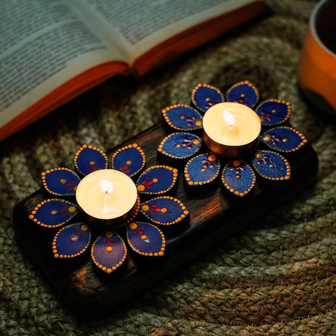 Flower Design Dot Art Festive Tealight Holder | Set of 2