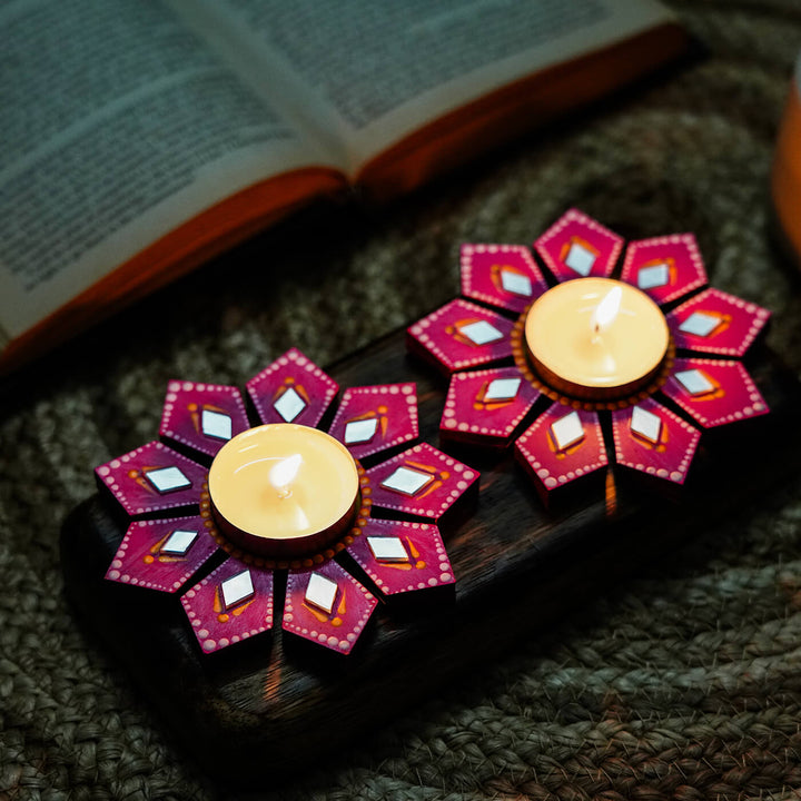 Geometric Flower Design Dot Art Festive Tealight Holder | Set of 2