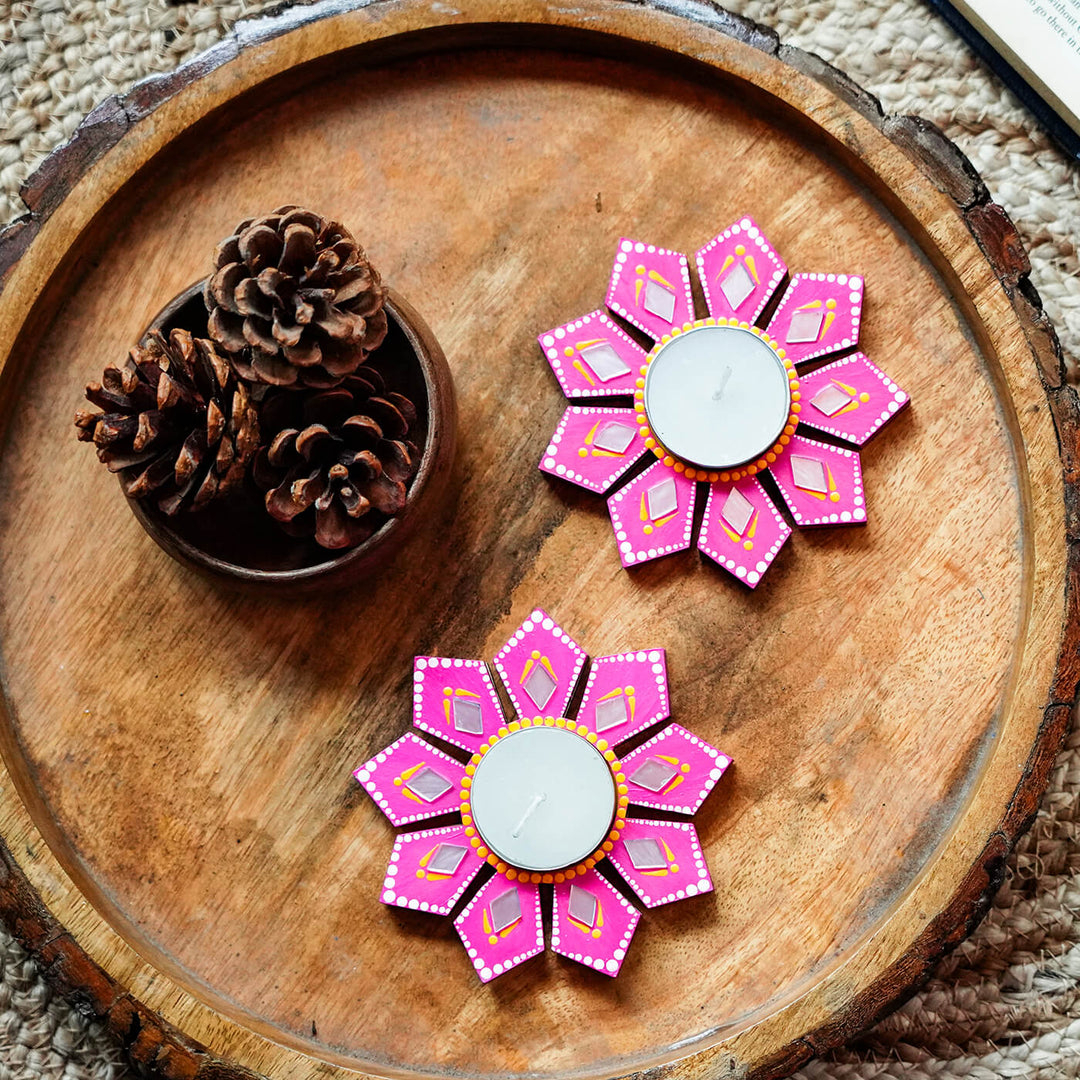 Geometric Flower Design Dot Art Festive Tealight Holder | Set of 2