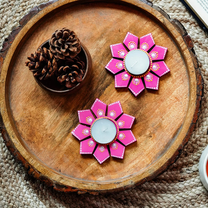 Geometric Flower Design Dot Art Festive Tealight Holder | Set of 2