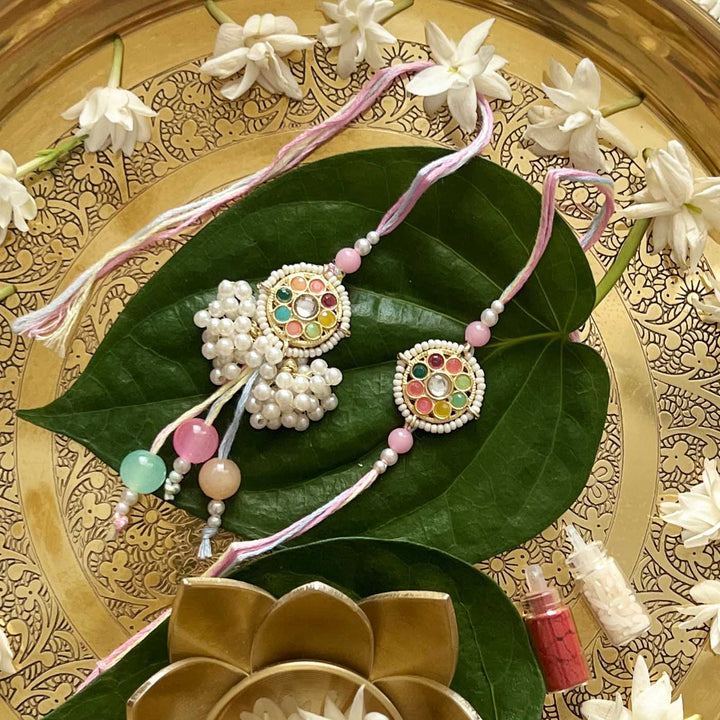 Handcrafted Kundan "Navratan" Couple Rakhi & Lumba Set With Roli Chawal for Bhaiya Bhabhi