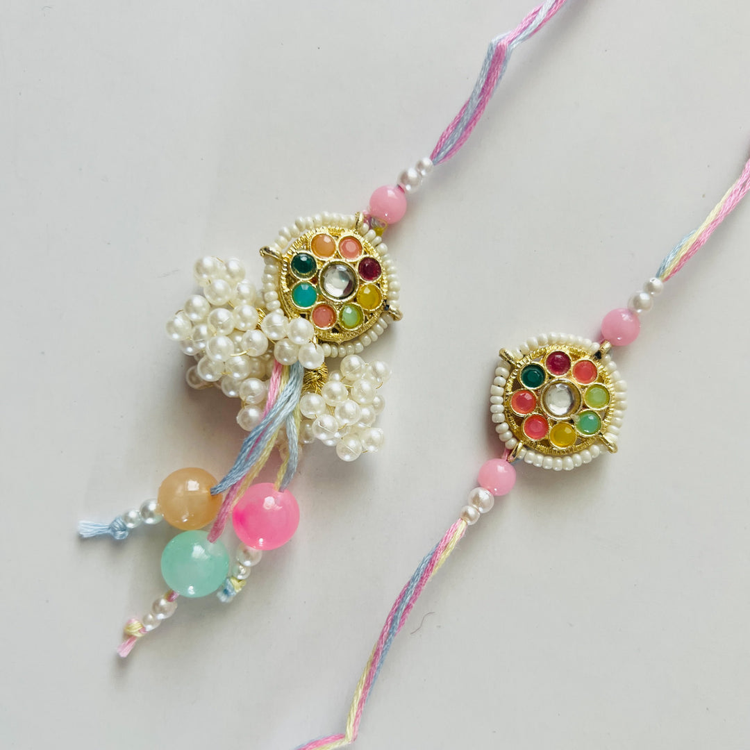 Handcrafted Kundan "Navratan" Couple Rakhi & Lumba Set With Roli Chawal for Bhaiya Bhabhi