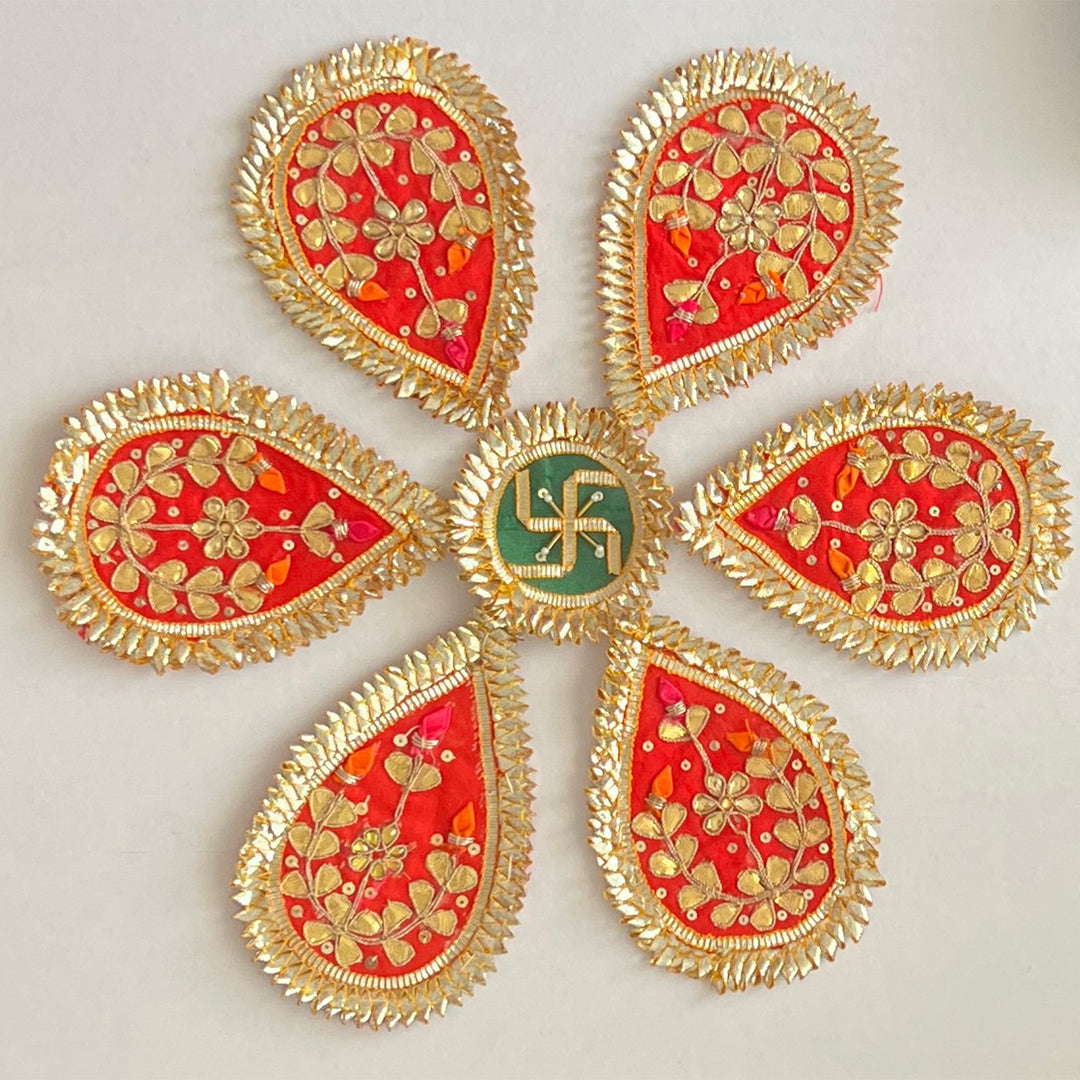 7 Pc | Handmade Neerja Gota Patti Red Floral Swastik Rangoli for Pooja & Festive Decor