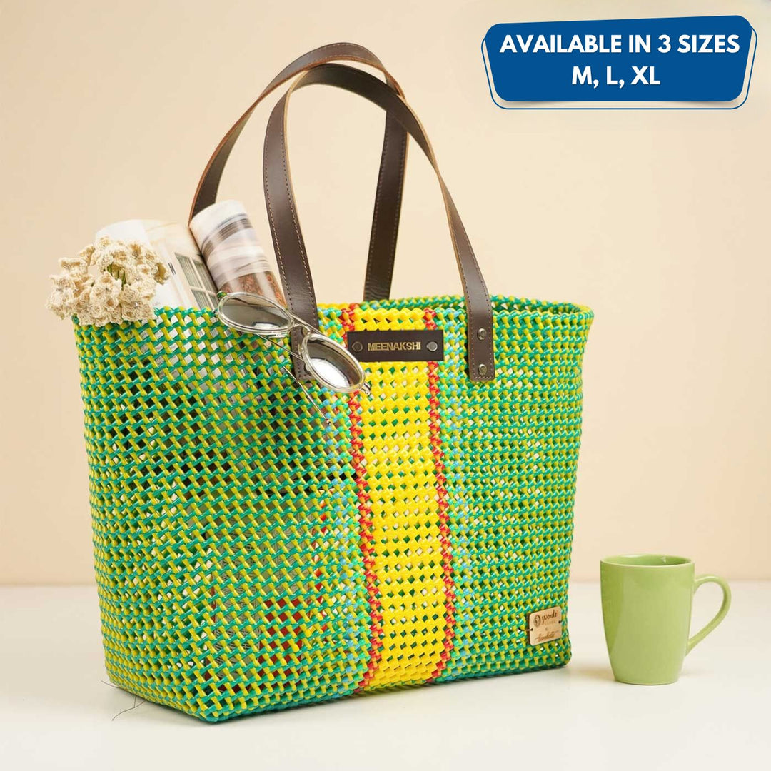 Green And Yellow Line Mukhya Knot Handmade Koodai Beach Bag