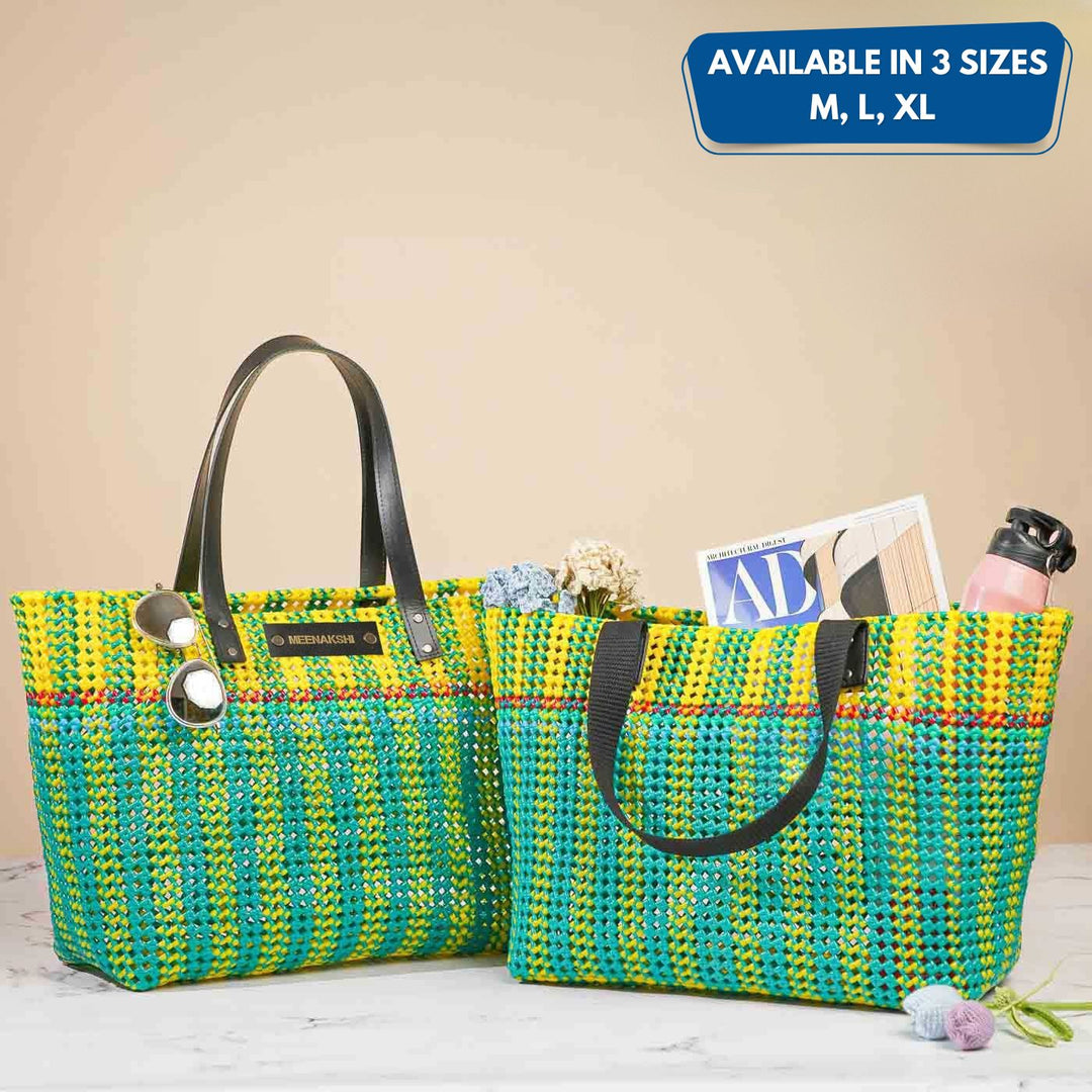 Green And Yellow Stripes Mukhya Knot Handmade Koodai Beach Bag