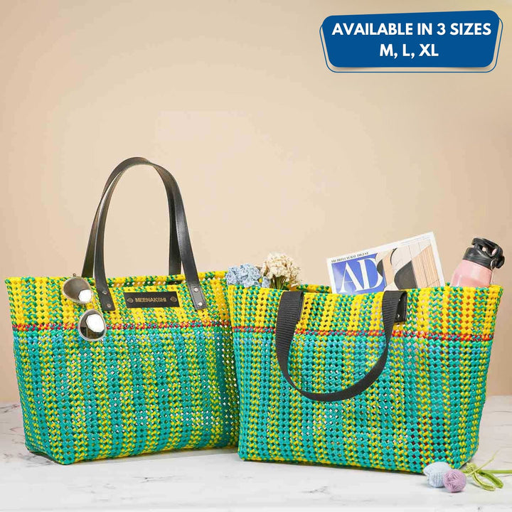 Green And Yellow Stripes Mukhya Knot Handmade Koodai Beach Bag