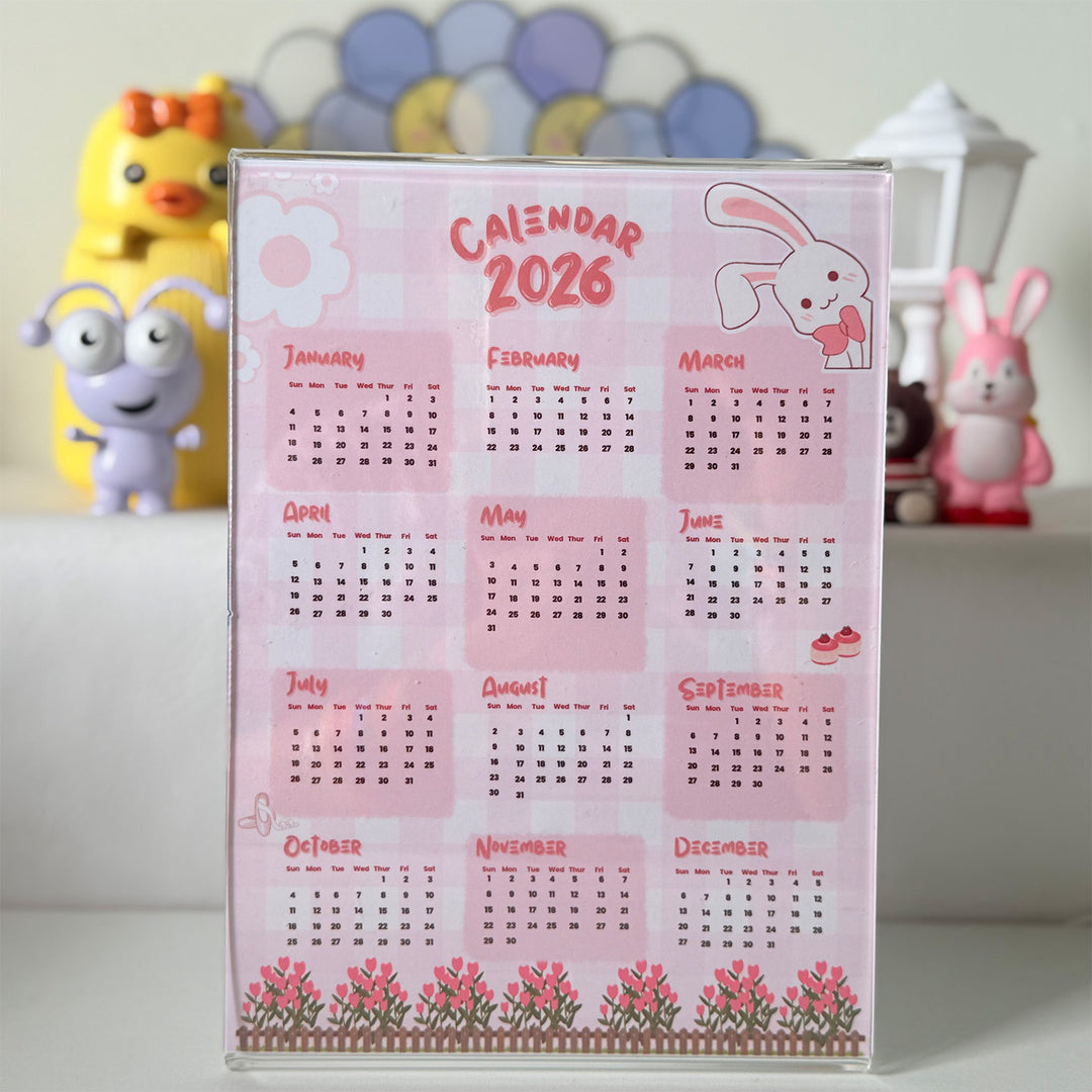 Printed Acrylic 2026 Pink Bunny Theme Desk Calendar