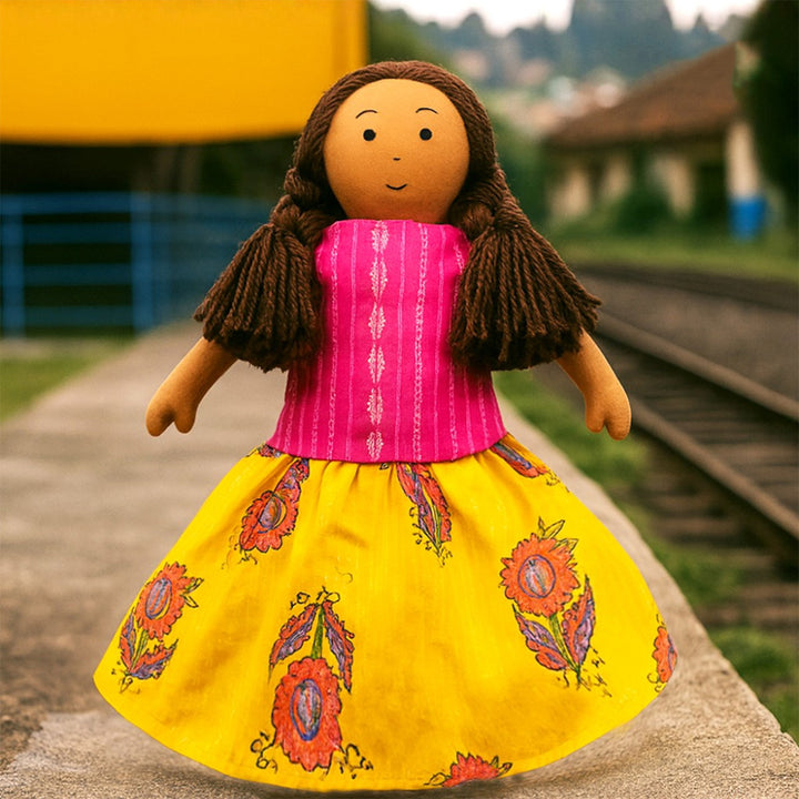 Nilah in Pink & Yellow Dress With Changeable Outfits | Soft Hand-Stitched Sustainable Indian Play Doll