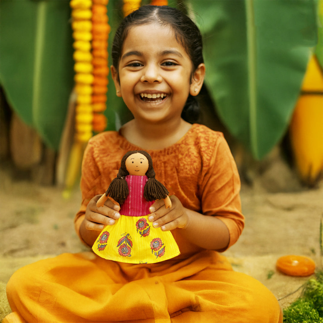 Nilah in Pink & Yellow Dress With Changeable Outfits | Soft Hand-Stitched Sustainable Indian Play Doll