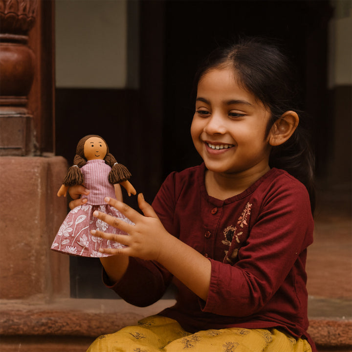 Nilah in Pink Dress With Changeable Outfits | Soft Hand-Stitched Sustainable Indian Play Doll