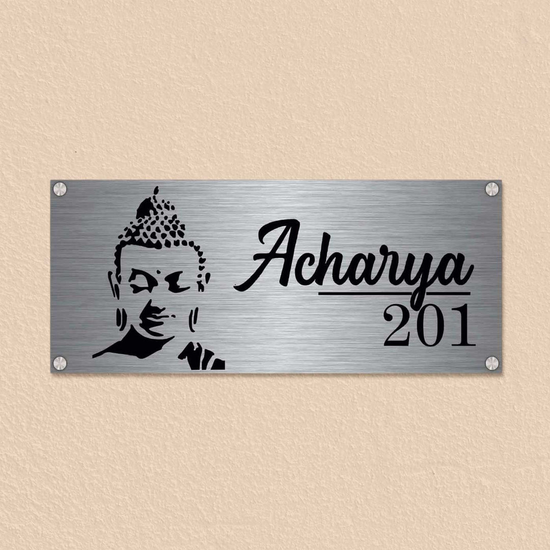 Personalized Gautam Buddha Theme Stainless Steel Name Plate