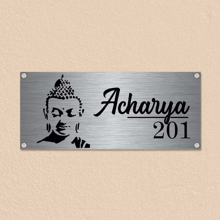Personalized Gautam Buddha Theme Stainless Steel Name Plate
