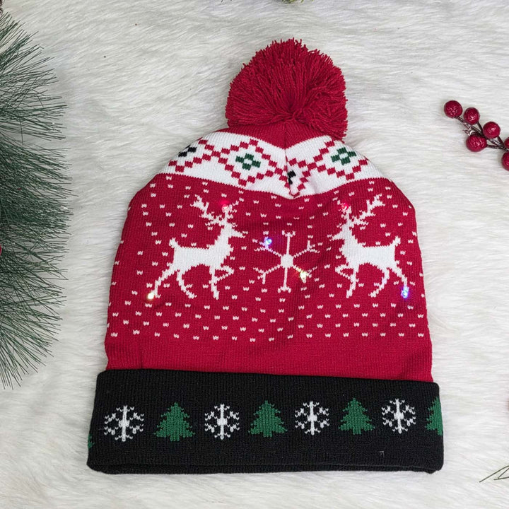 Handmade Nordic Reindeer Knit LED Beanie Cap With Light