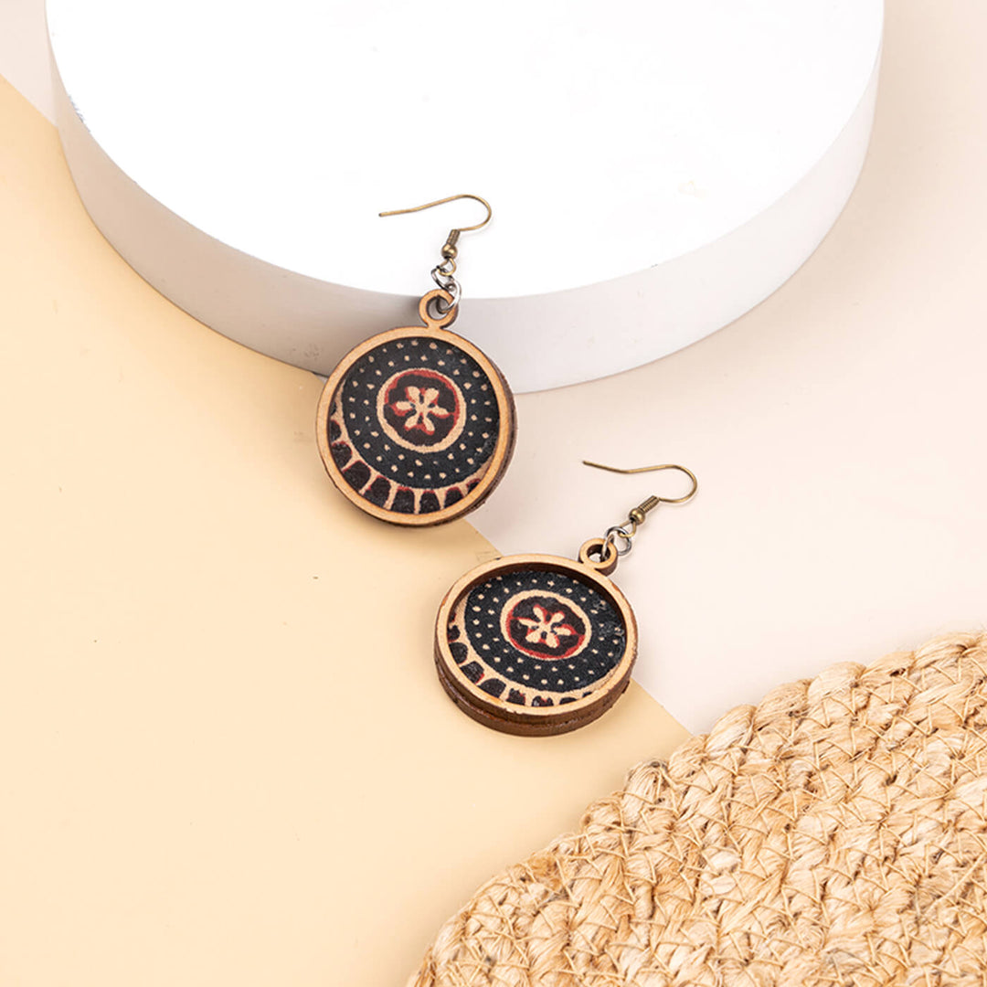 Handcrafted Earrings With Block Printed Fabric & Wooden Pendant