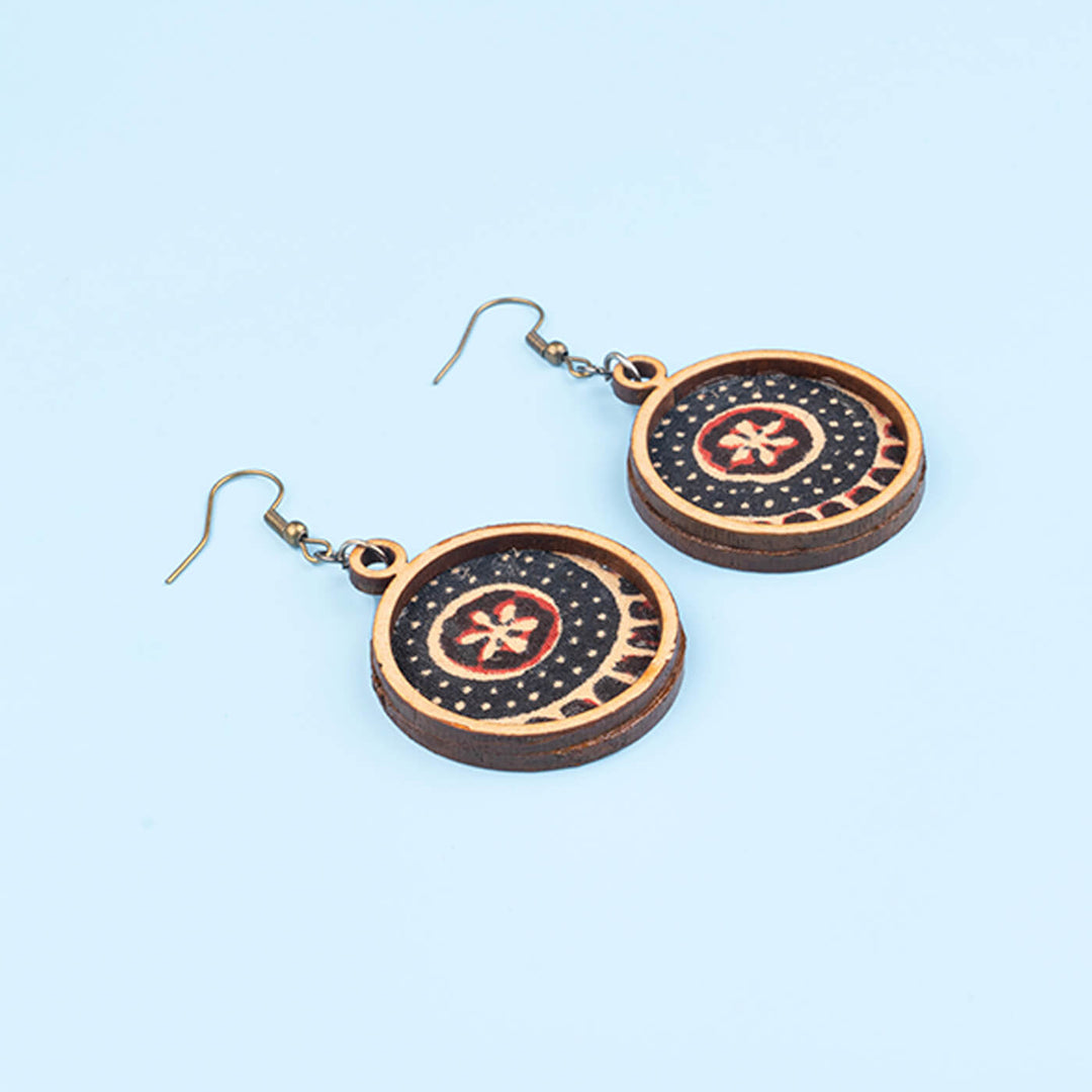 Handcrafted Earrings With Block Printed Fabric & Wooden Pendant