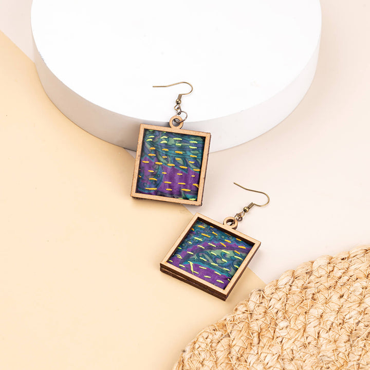 Handcrafted Earrings With Kantha Fabric & Wooden Pendant - Zwende