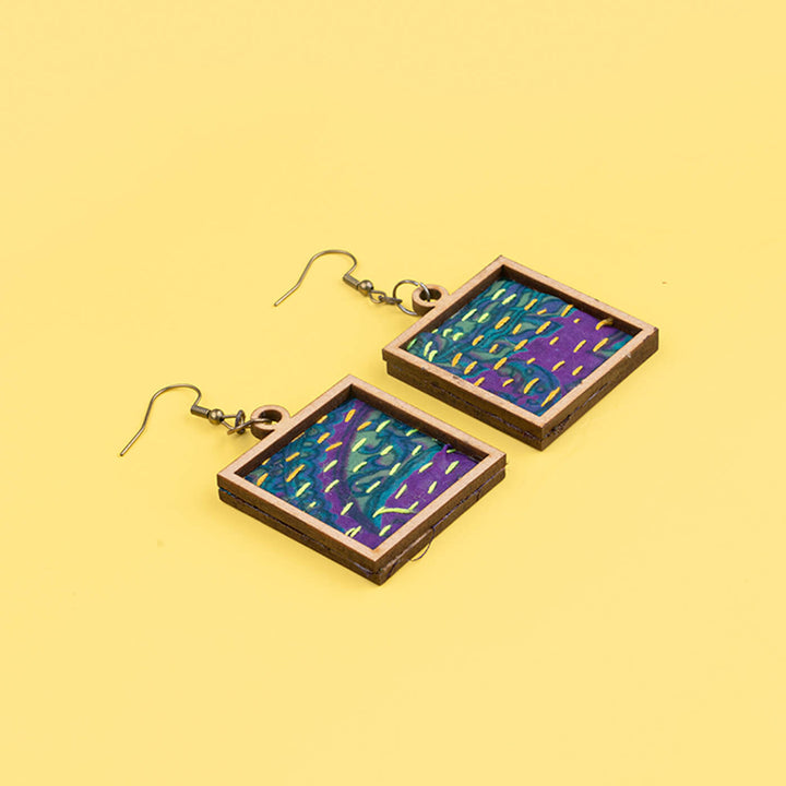 Handcrafted Earrings With Kantha Fabric & Wooden Pendant - Zwende