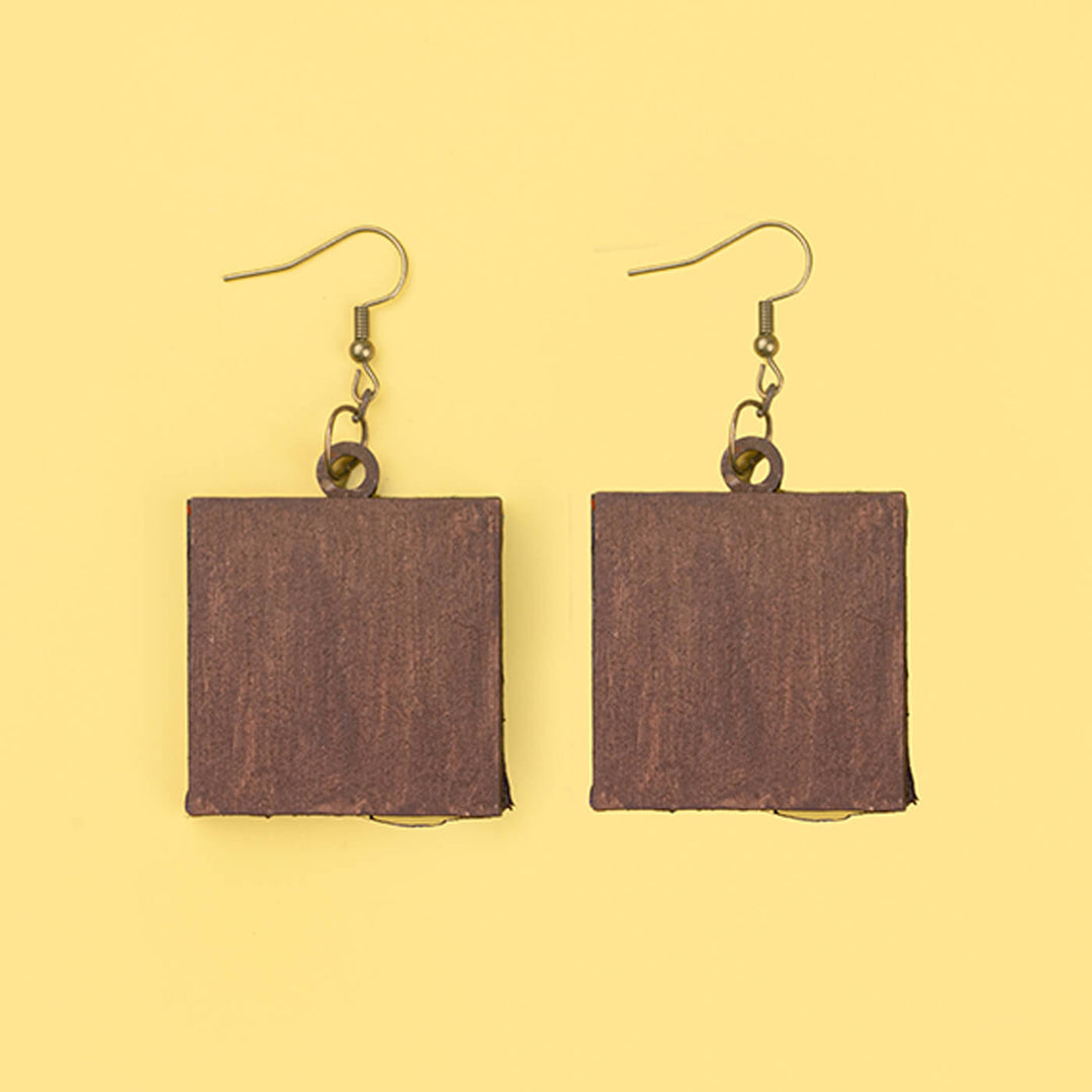 Handcrafted Earrings With Kantha Fabric & Wooden Pendant