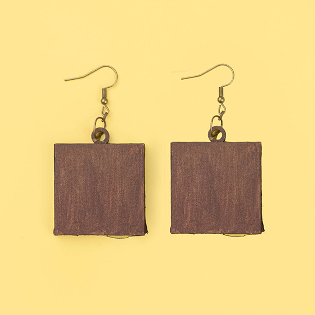 Handcrafted Earrings With Kantha Fabric & Wooden Pendant - Zwende