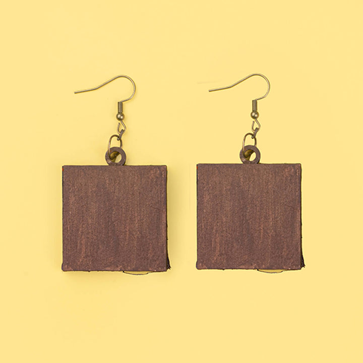 Handcrafted Earrings With Kantha Fabric & Wooden Pendant - Zwende
