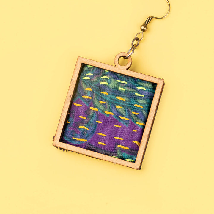 Handcrafted Earrings With Kantha Fabric & Wooden Pendant - Zwende