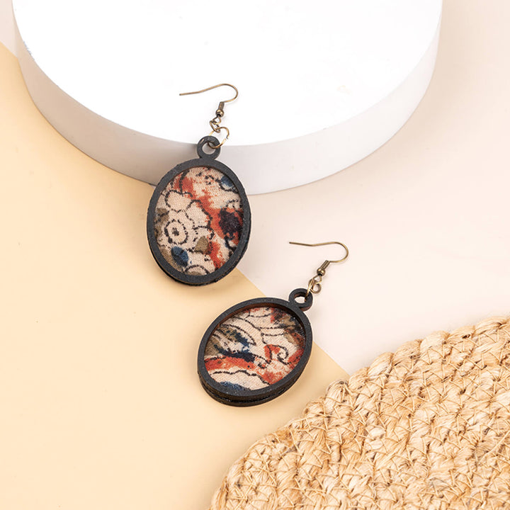 Handcrafted Earrings With Kalamkari Printed Fabric & Wooden Pendant