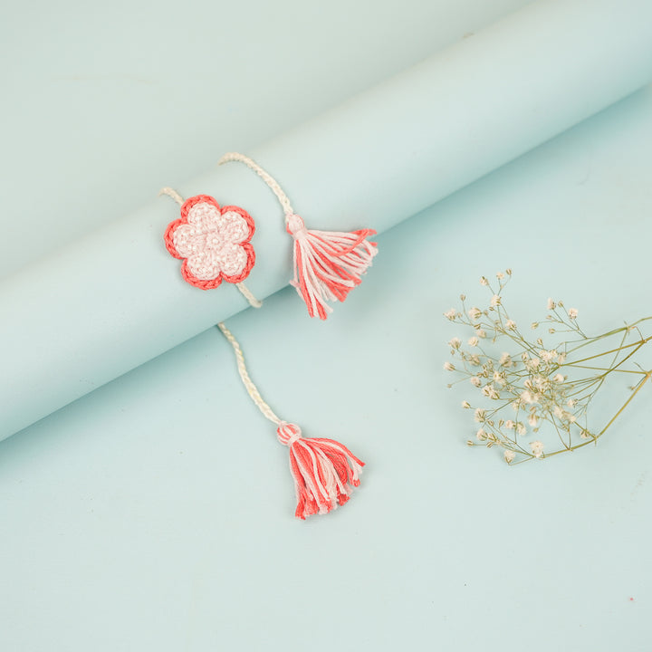 Handmade Crochet Pink Daisy Rakhi With Roli Chawal