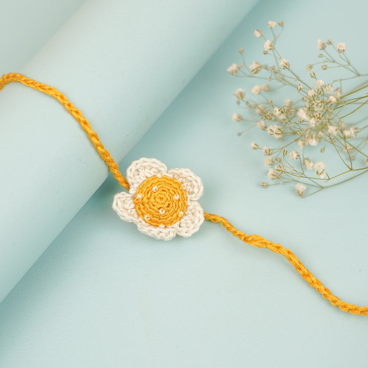 Handmade Crochet White & Golden Phool Rakhi With Roli Chawal