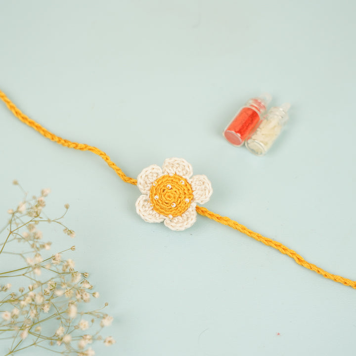 Handmade Crochet White & Golden Phool Rakhi With Roli Chawal