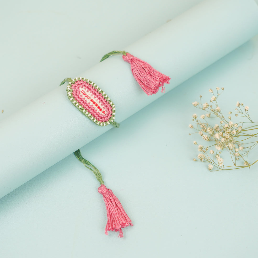 Handmade Crochet Beaded Bahar Rakhi With Roli Chawal