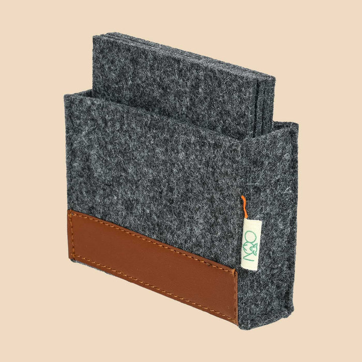 Eco-felt & Vegan Leather Coasters With Holder - Set of 4