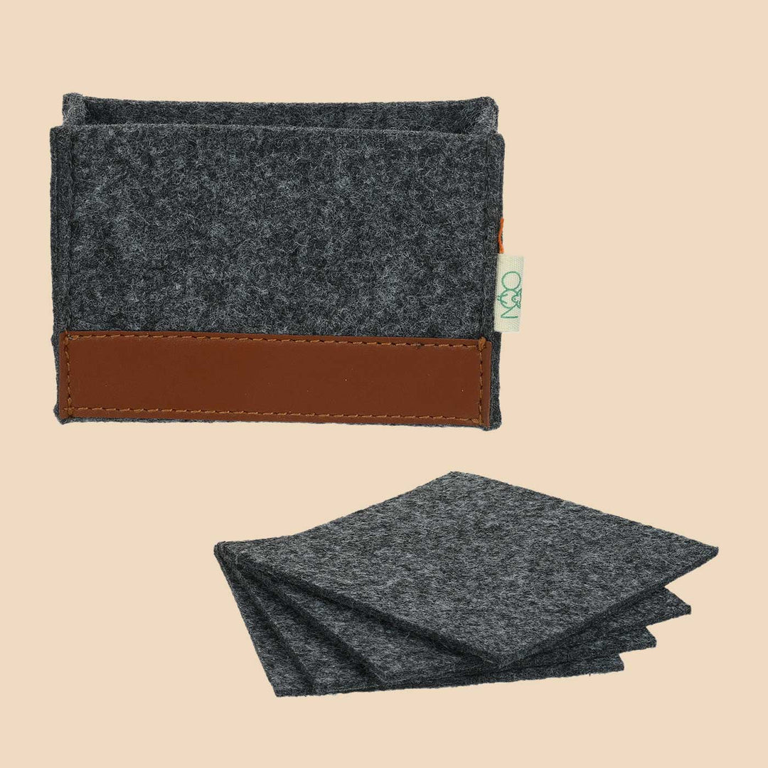 Eco-felt & Vegan Leather Coasters With Holder - Set of 4