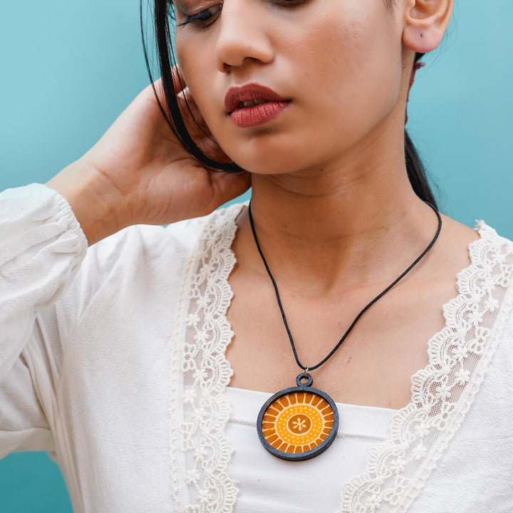 Handcrafted Necklace With Block Print Fabric & Wooden Pendant - Zwende