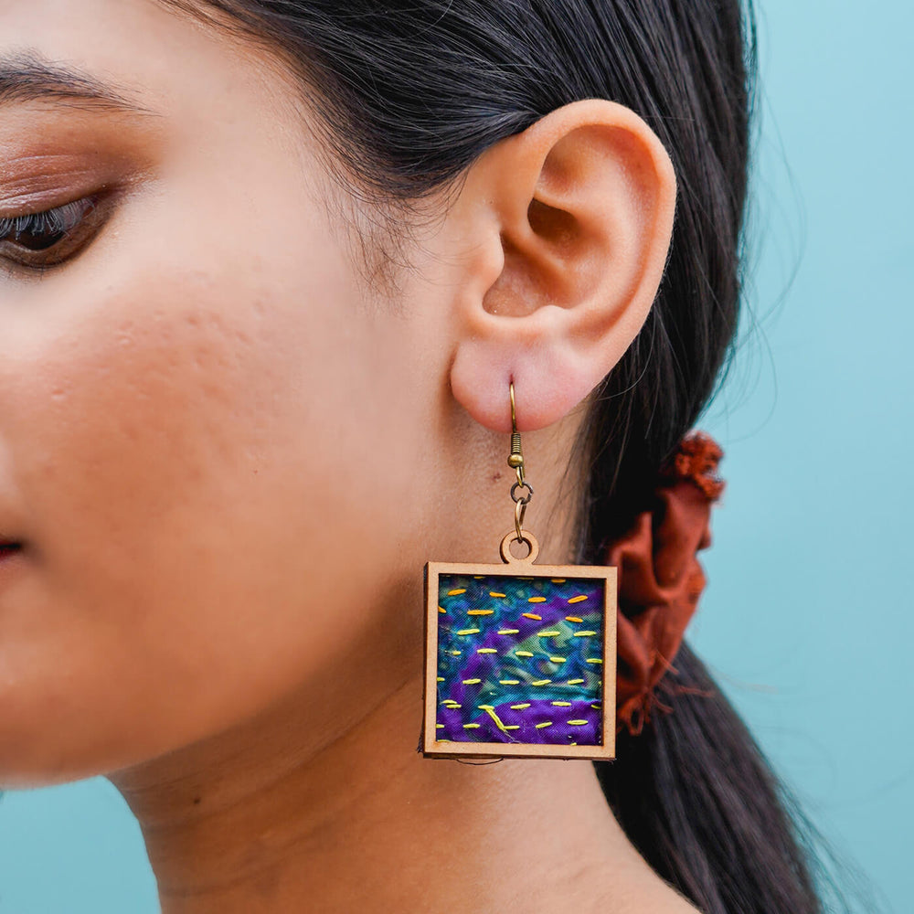 Handcrafted Earrings With Kantha Fabric & Wooden Pendant - Zwende