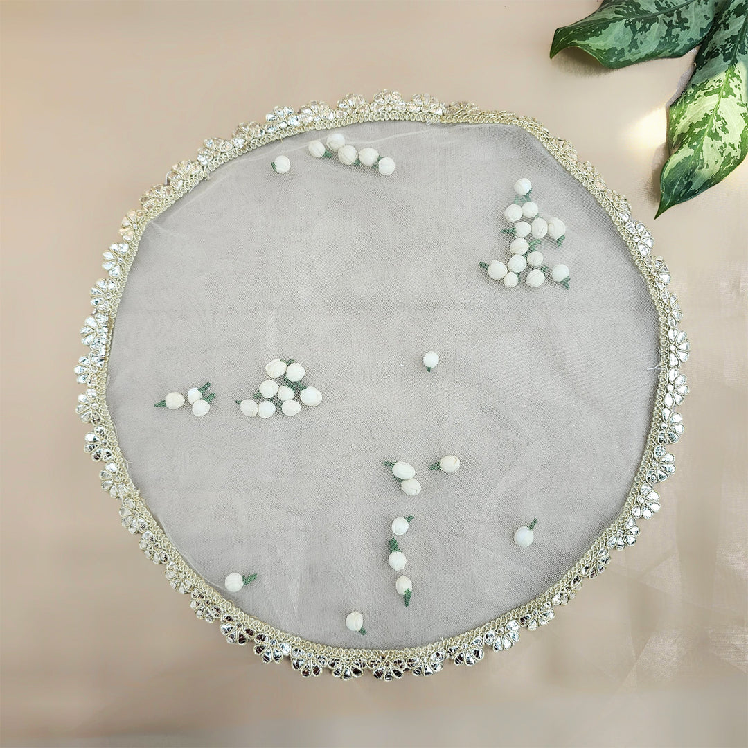 Sheer Net Thali/Tray Cover With Traditional Shola Florals For Festive Decor