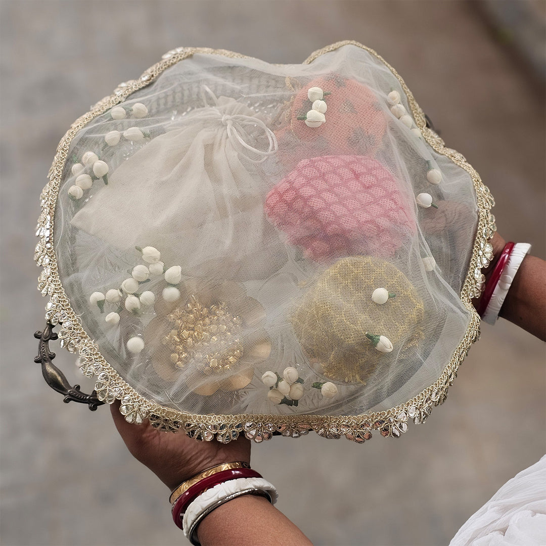 Sheer Net Thali/Tray Cover With Traditional Shola Florals For Festive Decor