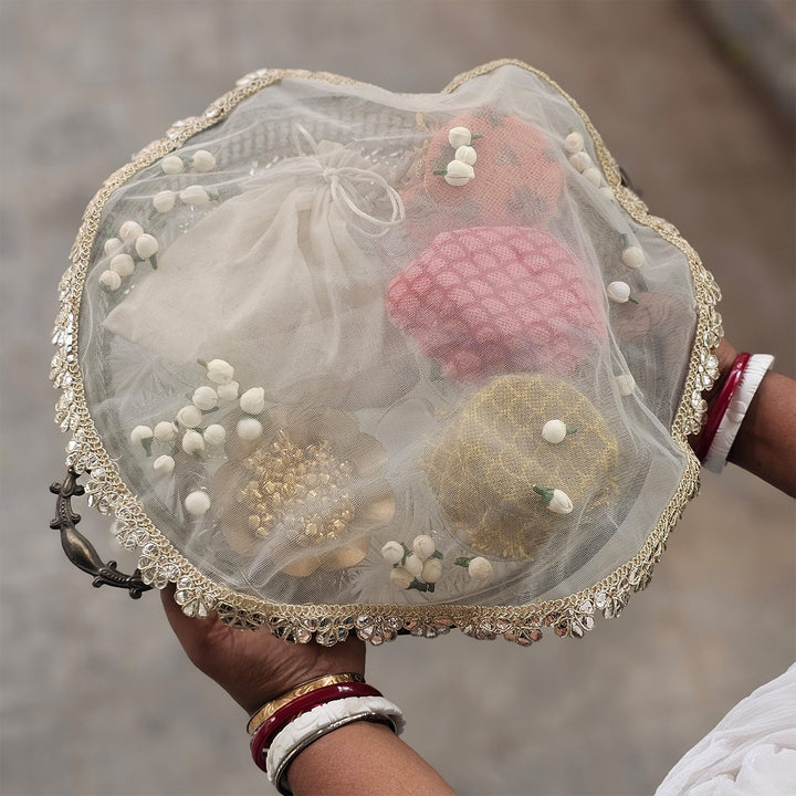Sheer Net Thali/Tray Cover With Traditional Shola Florals For Festive Decor