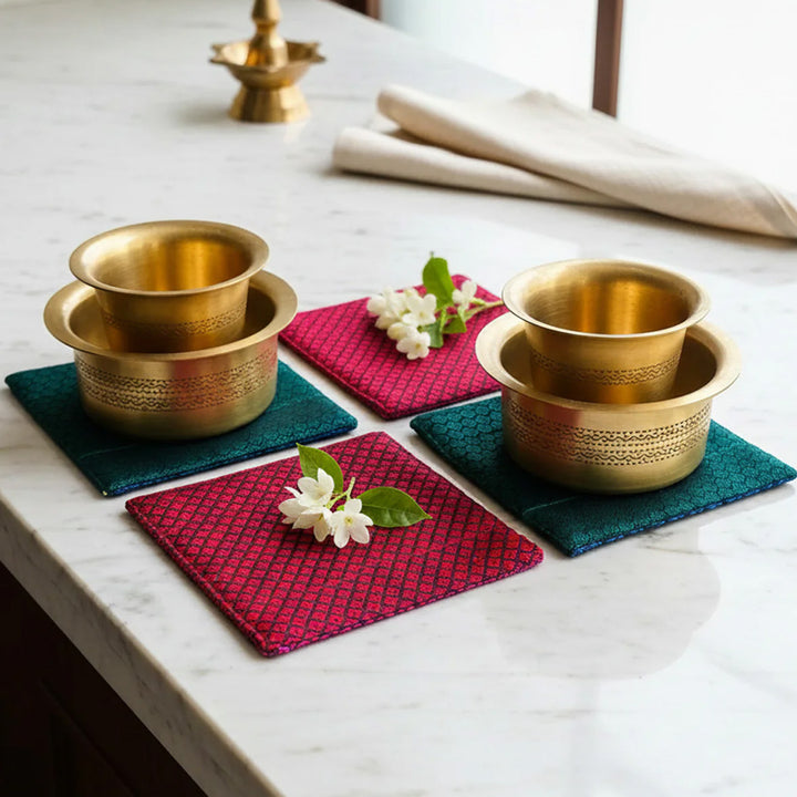 Reversible Handmade Red & Green Khunn Fabric Cotton Coasters | Set Of 4