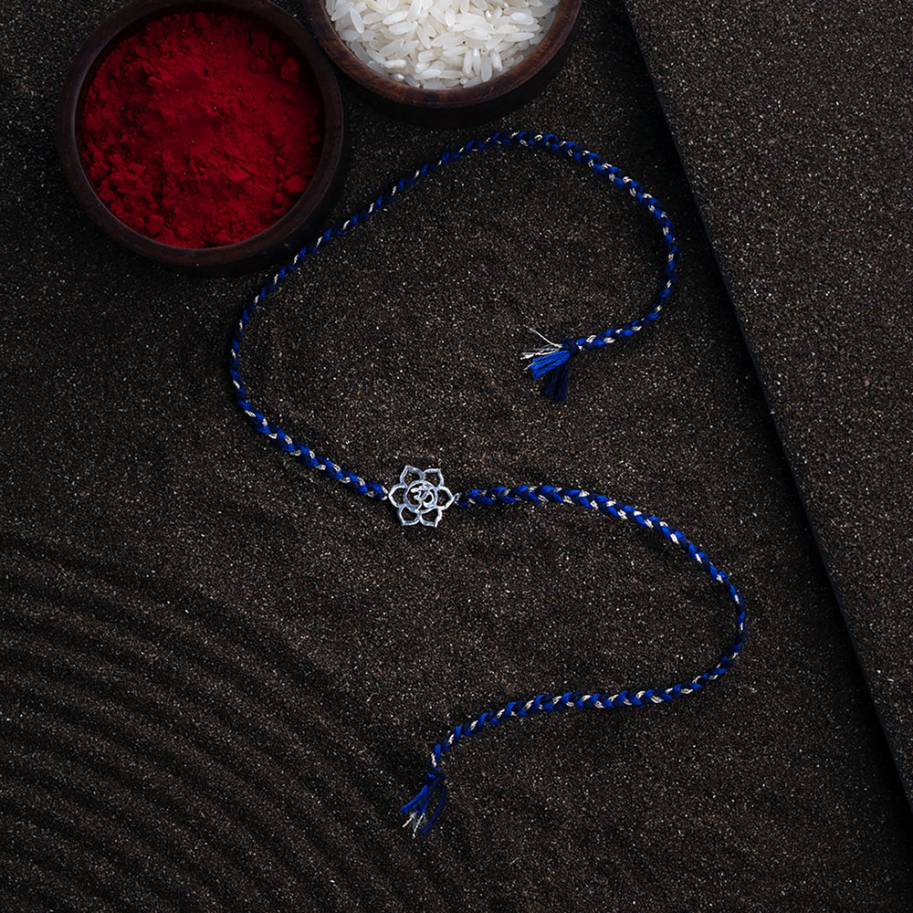 Handmade Omkar 925 Silver Rakhi With Roli Chawal For Brother - Full product laid out flat
