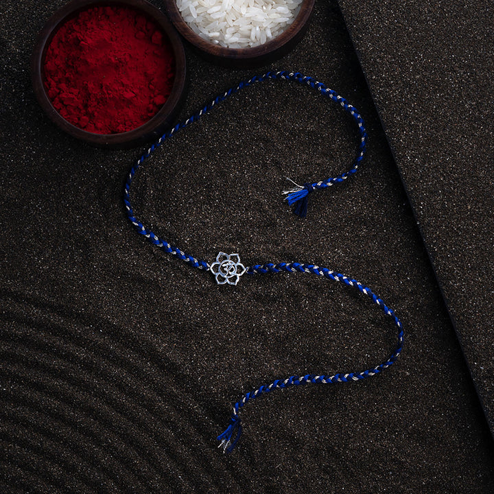 Handmade Omkar 925 Silver Rakhi With Roli Chawal For Brother - Full product laid out flat