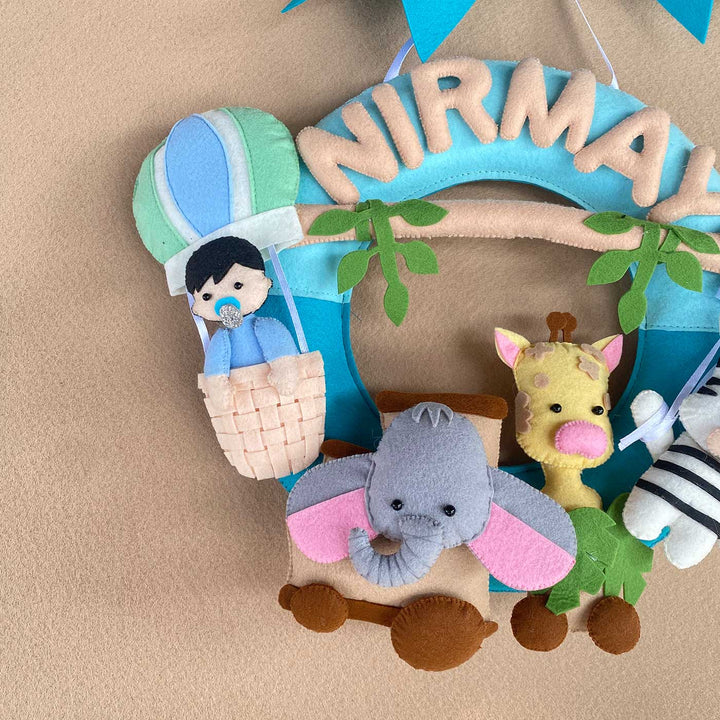 Personalized Kids Jungle Themed Round Felt Nameplate - Close-up of Hanging Name Decoration